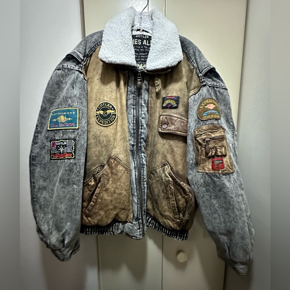 Vintage Cotler - Leather/Denim Bomber Jacket - Gray & Tan with Patches